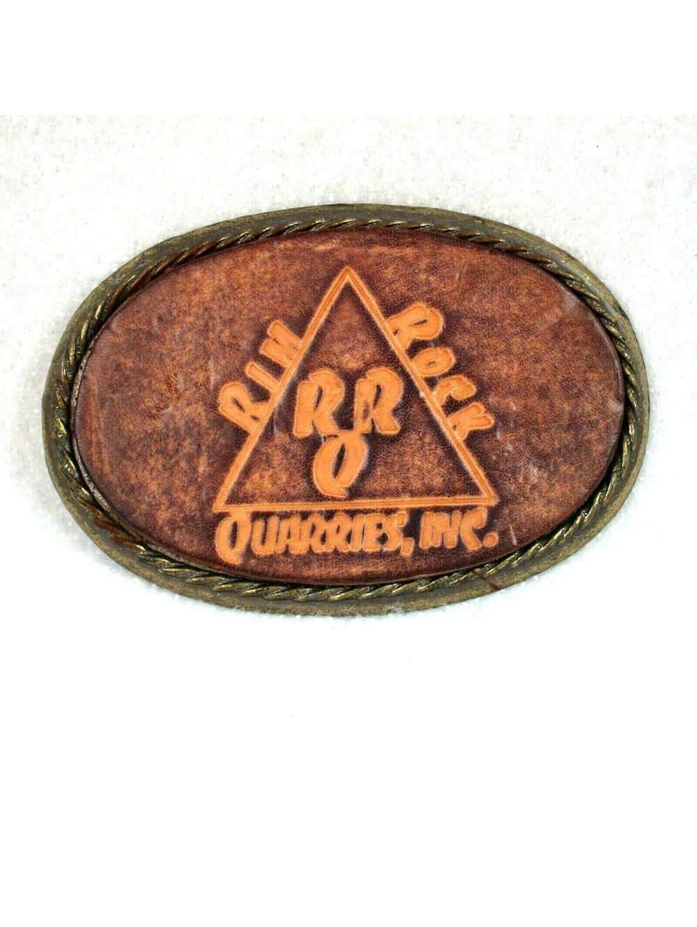 Vintage 1970s RRQ Leather & Brass tone Belt Buckle Rim Rock Quarries Inc Mining